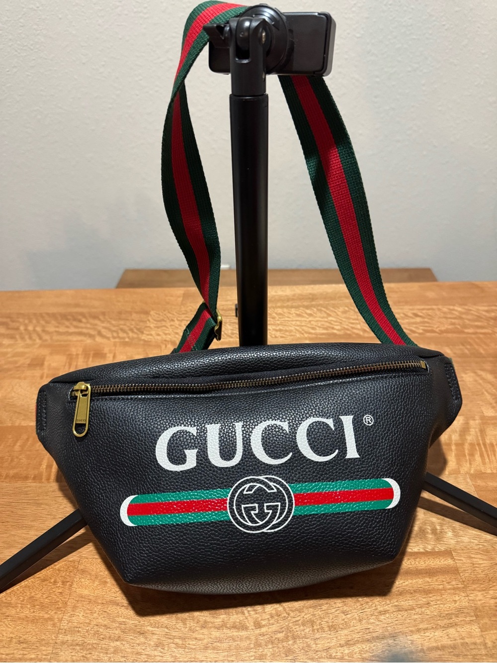 Black Leather Crossbody Belt Bag with Green-Red Stripe - Picture 2 of 5